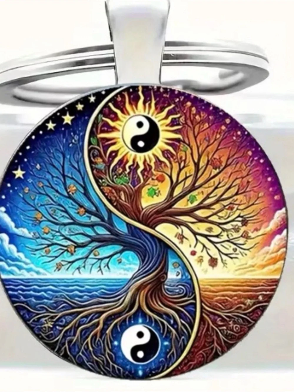 Keyring-Yin Yang Tree of Life Round Pendant Charm-Silver Hardware  -NWOT